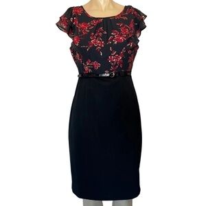 Alyx Black Dress with Red Floral Accents and Belt